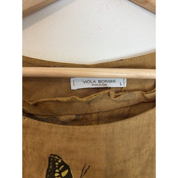 Viola Borghi 100% Linen Top L Butterfly Print Mustard Shirt Blouse Lagenlook - Picture 2 of 5